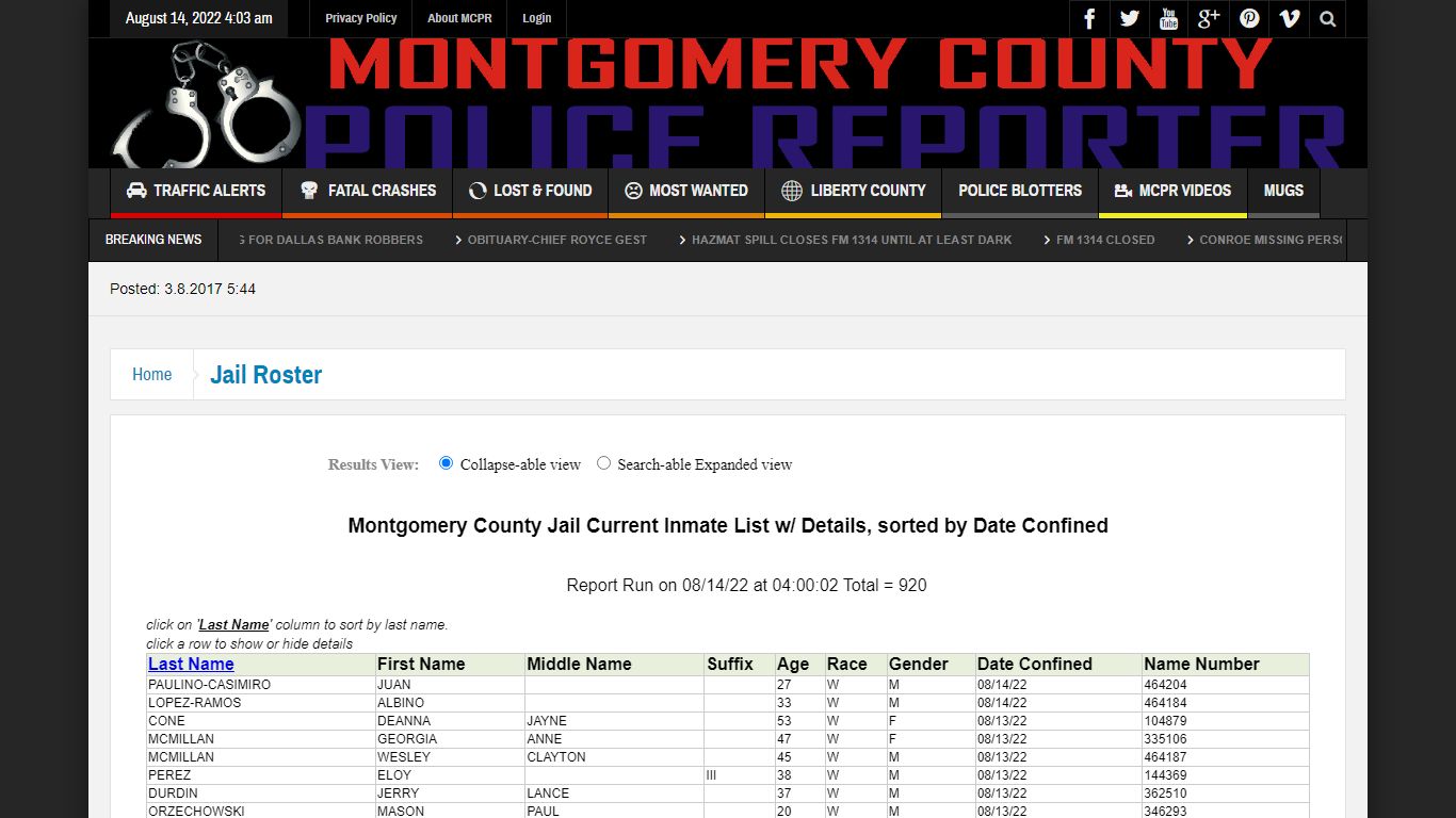 Jail Roster – Montgomery County Police Reporter