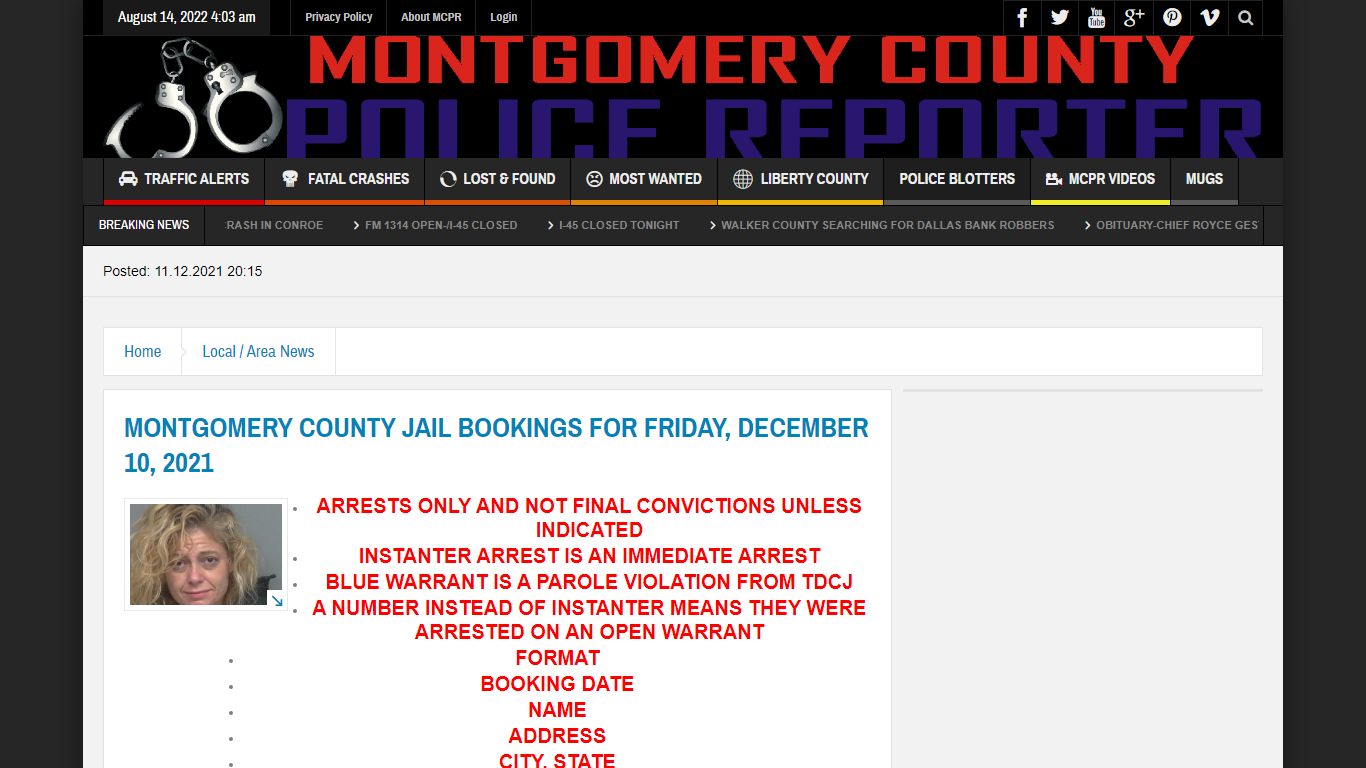 MONTGOMERY COUNTY JAIL BOOKINGS FOR FRIDAY, DECEMBER 10 ...