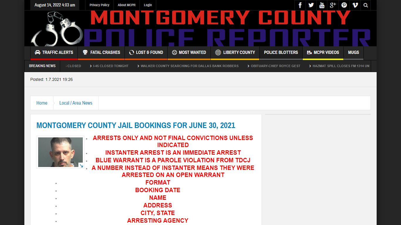 MONTGOMERY COUNTY JAIL BOOKINGS FOR JUNE 30, 2021 ...