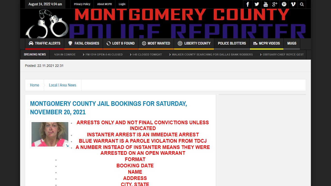 MONTGOMERY COUNTY JAIL BOOKINGS FOR SATURDAY, NOVEMBER 20 ...